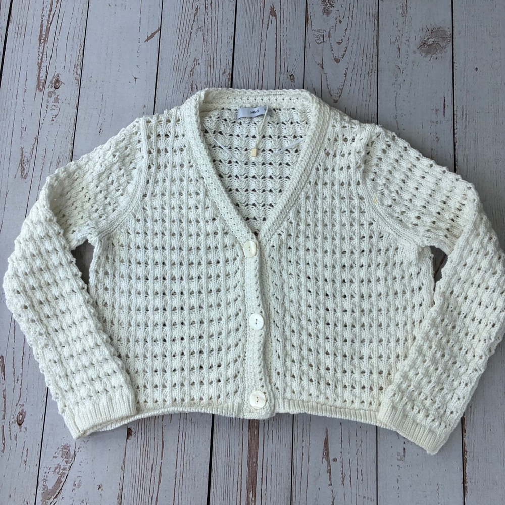 Mango MNG Women Cream Open Knit Crochet Cardigan Sweater V-Neck Size M